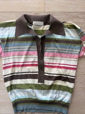 Faithfull the Brand Brown Collared Stripe Polo Top with Pink, Green & Blue